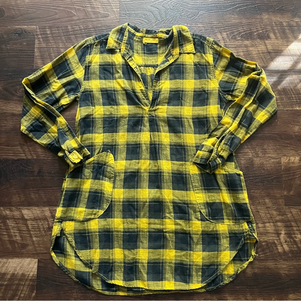CP Shades plaid yellow black Teton tunic gauze cotton shirt XS Lagenlook boho